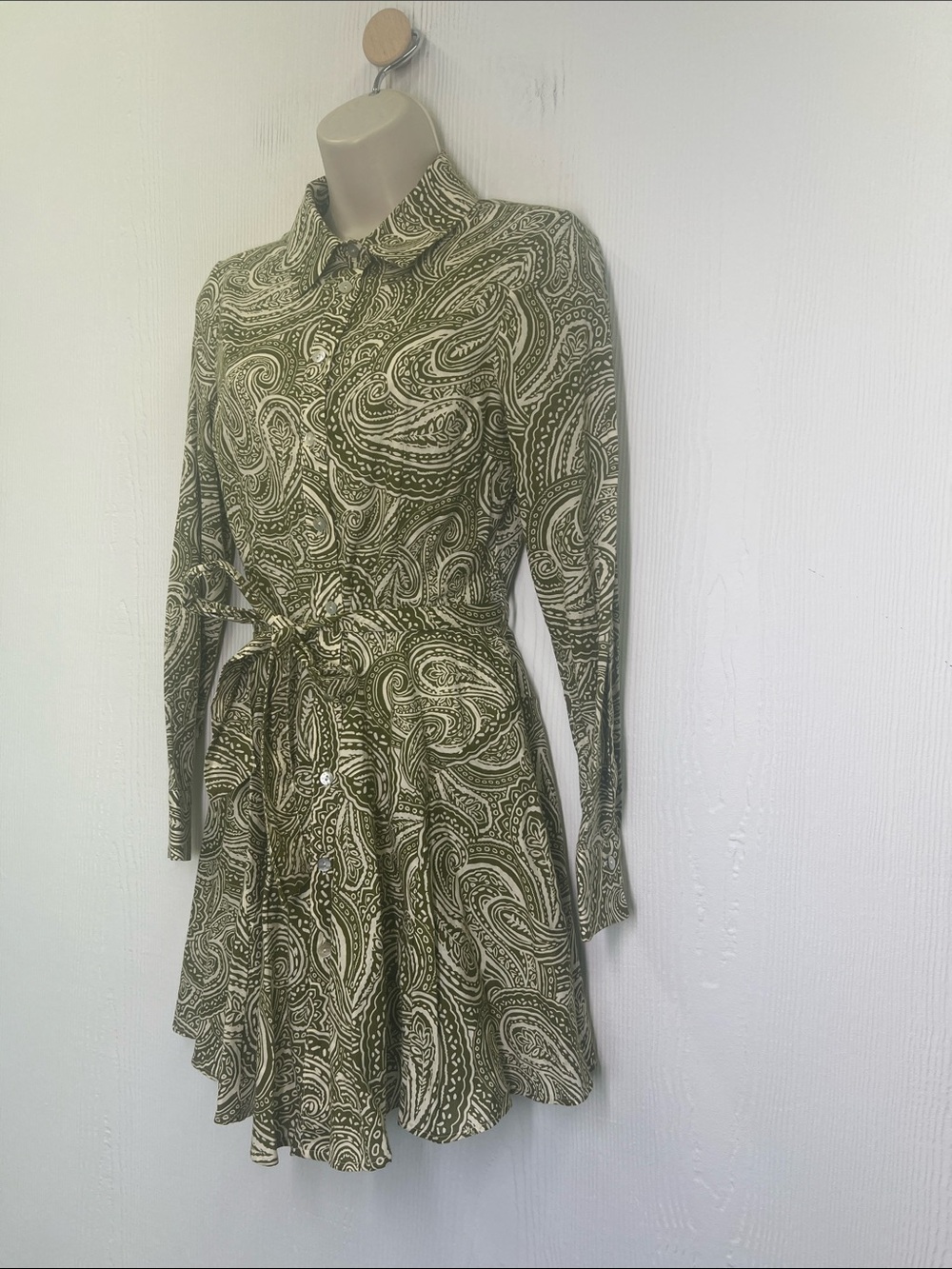 Zara - NWT Green And White Paisley Print Button Front Long Sleeve Mini Dress XS - Picture 5 of 11